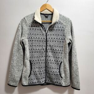 Eddie Bauer Nordic Winter Print Pattern Full Zip Fleece Sweater Size Medium